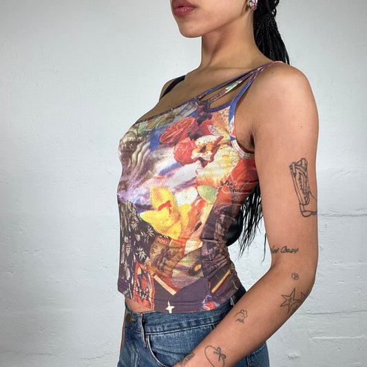 Vintage 2000's Downtown Girl Cropped One Shoulder Asymmetric Retro Print Top (M)
