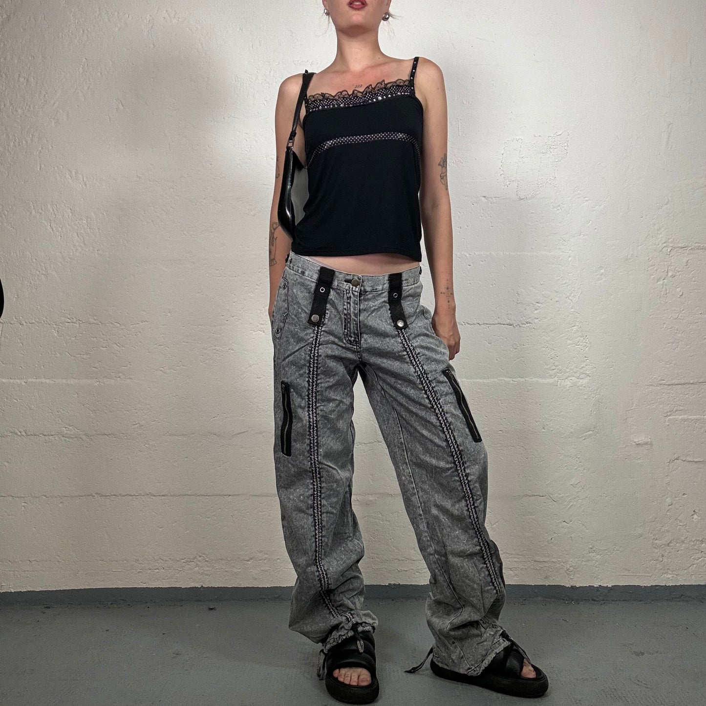 Vintage 2000's Grunge Grey Cargo Pants with Scrunch Front Seam and Black Strap Details (L)