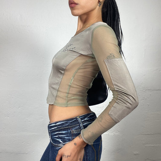 Vintage 2000's Glam Downtown Girl Shiny Silky and Mesh Longsleeve Top with Rhinestone Typo Embroidery (S)