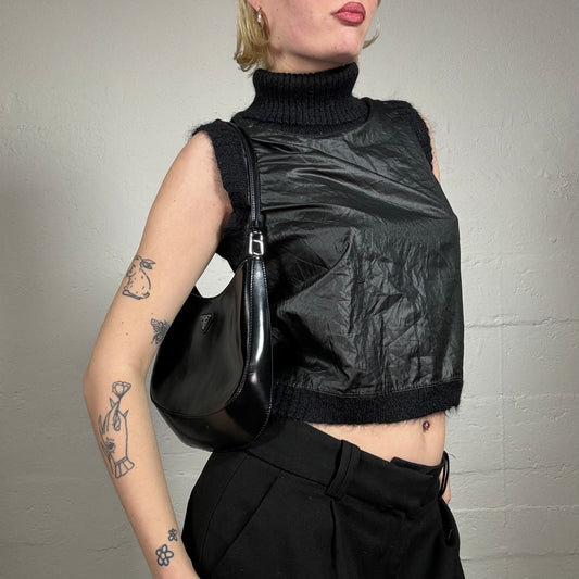 Vintage 2000's Grungy Black Glossy High Neck Tank Top with Knitted Details (S)