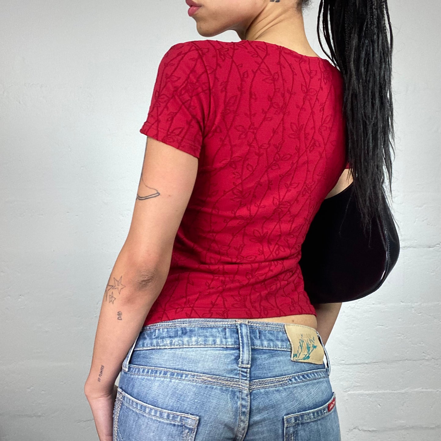 Vintage 2000's Downtown Girl Dark Red Tee with Floral Monotone Print (S)