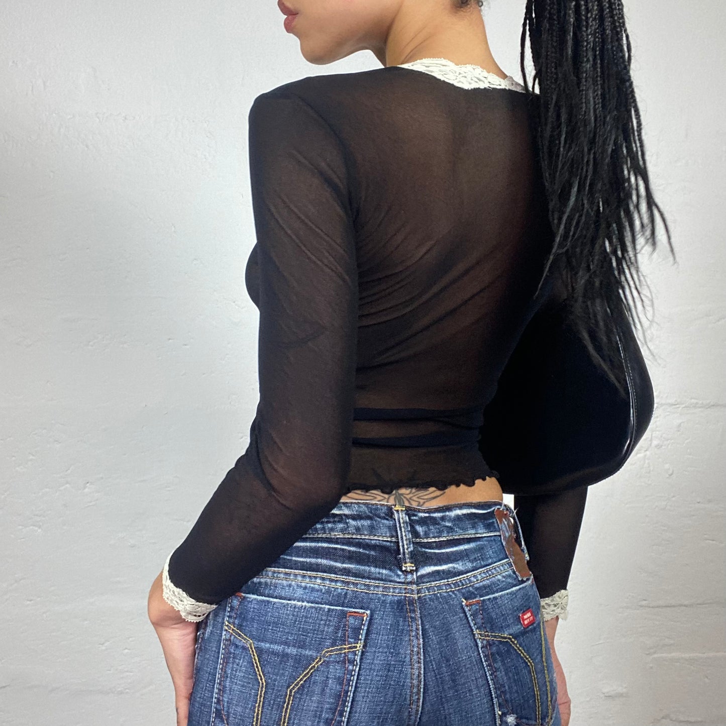 Vintage 2000's Soft Girl Black Mesh Longsleeve Top with White Lace Embroidery (M/L)