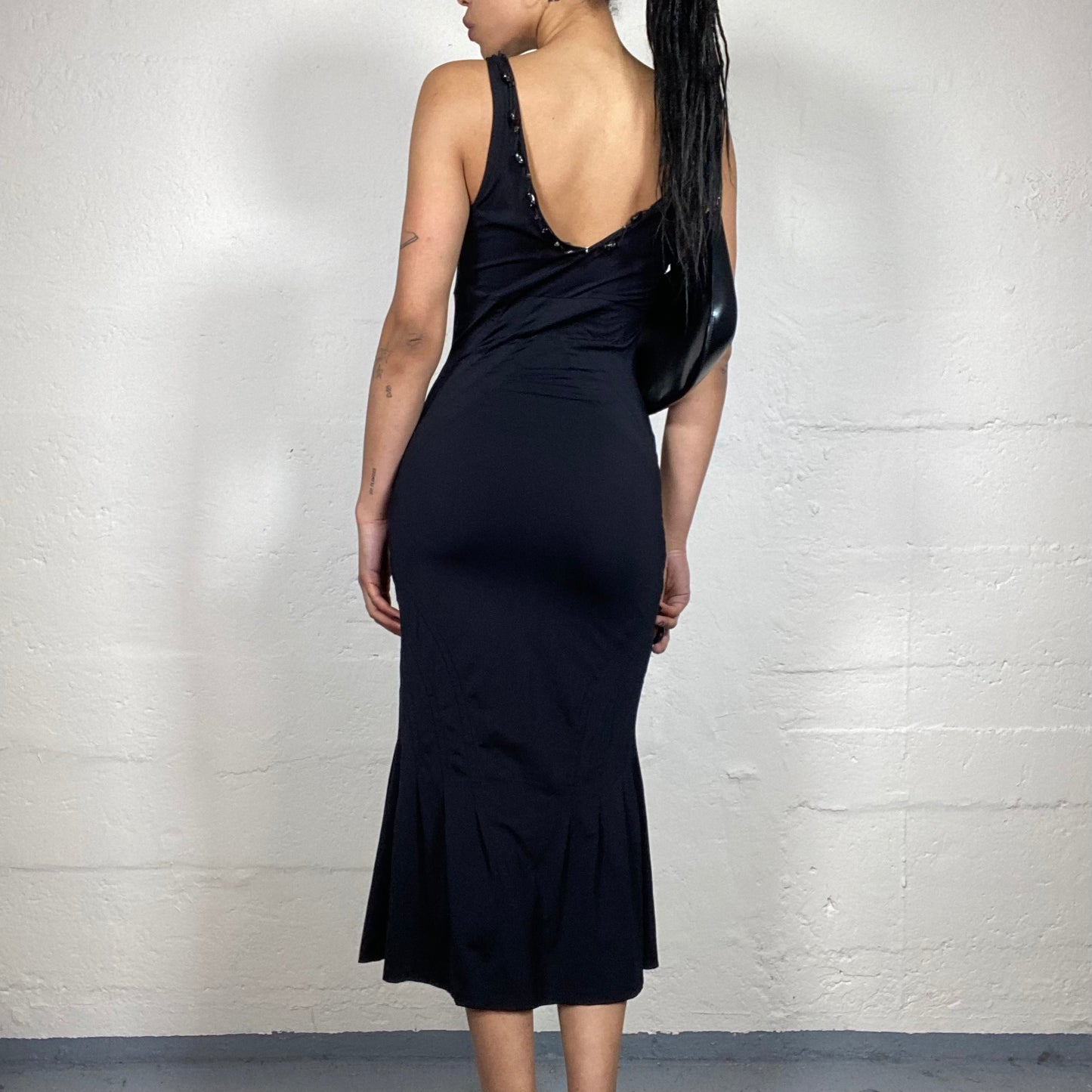 Vintage 2000's Roberto Cavalli Old Money Black V-Cut Slim Fitted Black Classy Midi Dress (S)