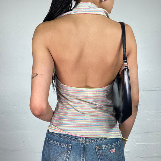 Vintage 2000's Miss Sixty Soft Girl Cream Mesh See Through Glitter Striped Collared Neckholder Top (M)