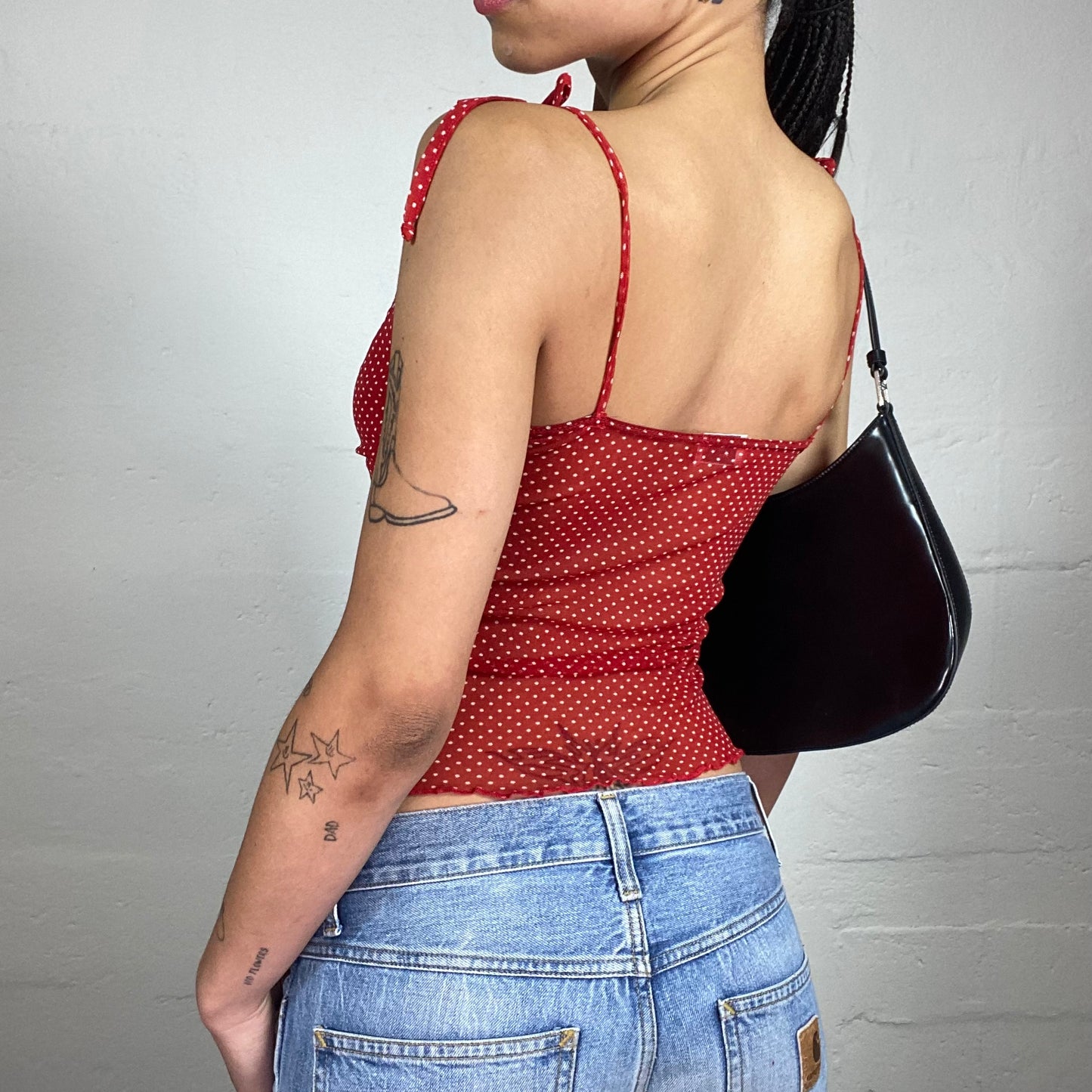 Vintage 2000's Romantic Red Chiffon Cami Too with White Polka Dot Print and Rose Detail (S)