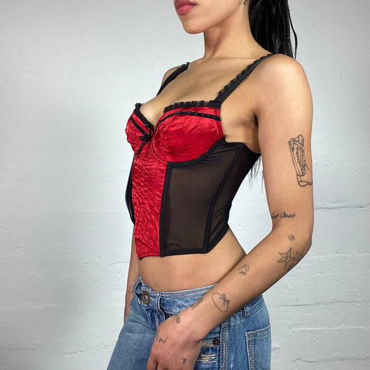 Vintage 2000's Vamp Satin Red and Black Mesh Lingerie Corset with Ruffled Details (S)