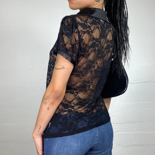 Vintage 2000's Romantic Black Lace Material See Through Short-Sleeved Button Up Top (L)