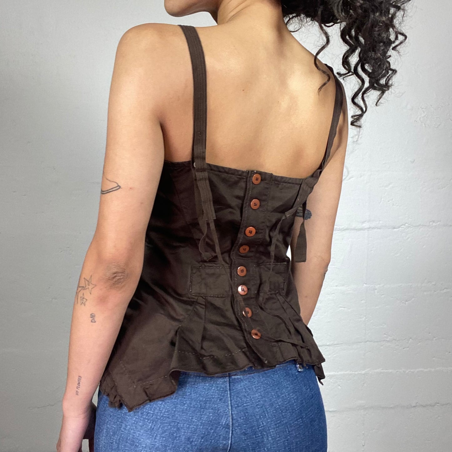 Vintage 2000's Coquette Brown Corset Style Ruffled Top with Button Up Back (M)