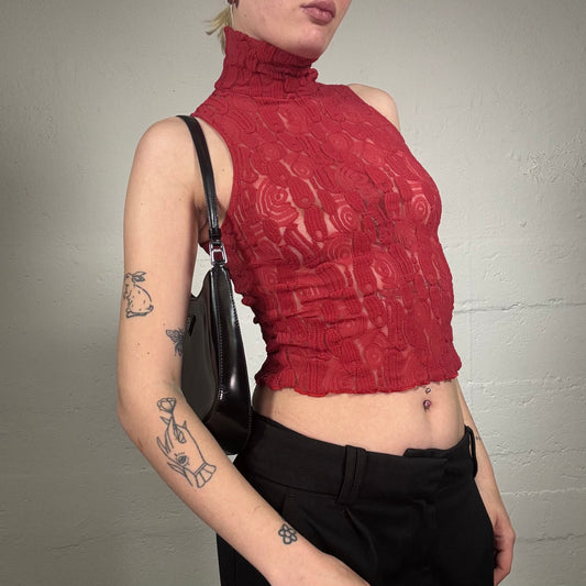 Vintage 2000's Romantic Red Lace Fabric Turtleneck Sleeveless Top (L)