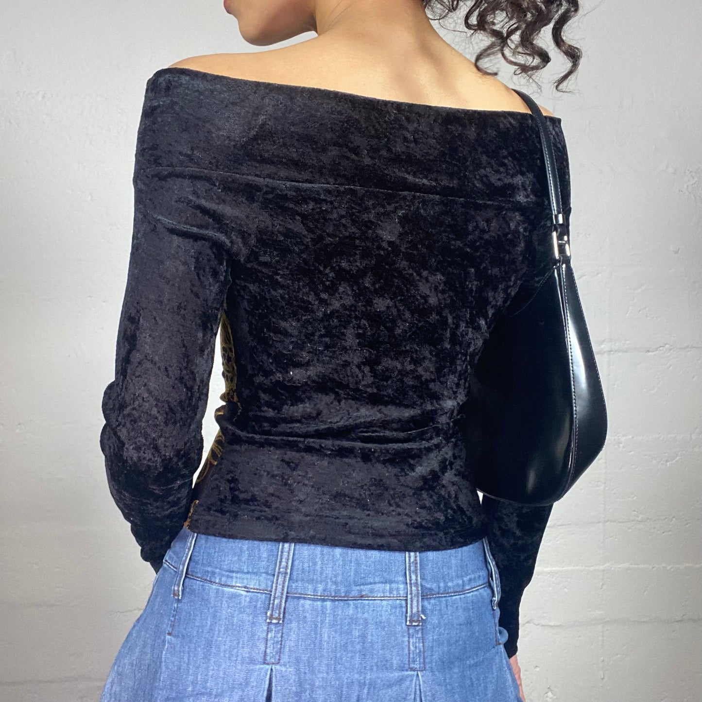 Vintage 2000's Gothic Boho Off Shoulder Velour Black Longsleeve Top with Mesh See Through Floral Printed Front (S)