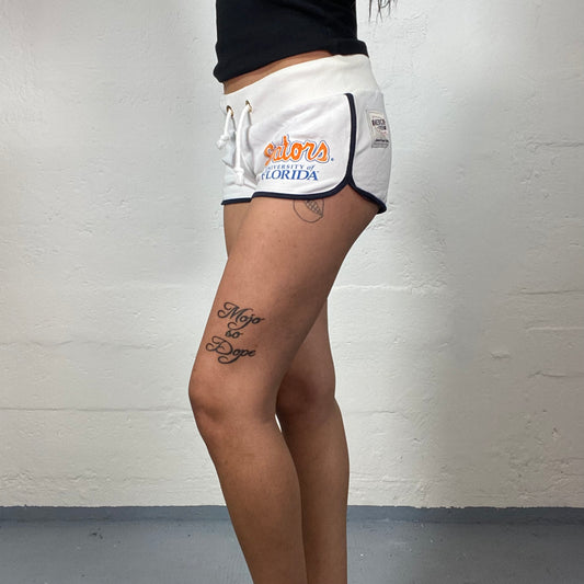Vintage 2000's Sporty White Micro Shorts with Blue Trim and Orange Typo Print (S)