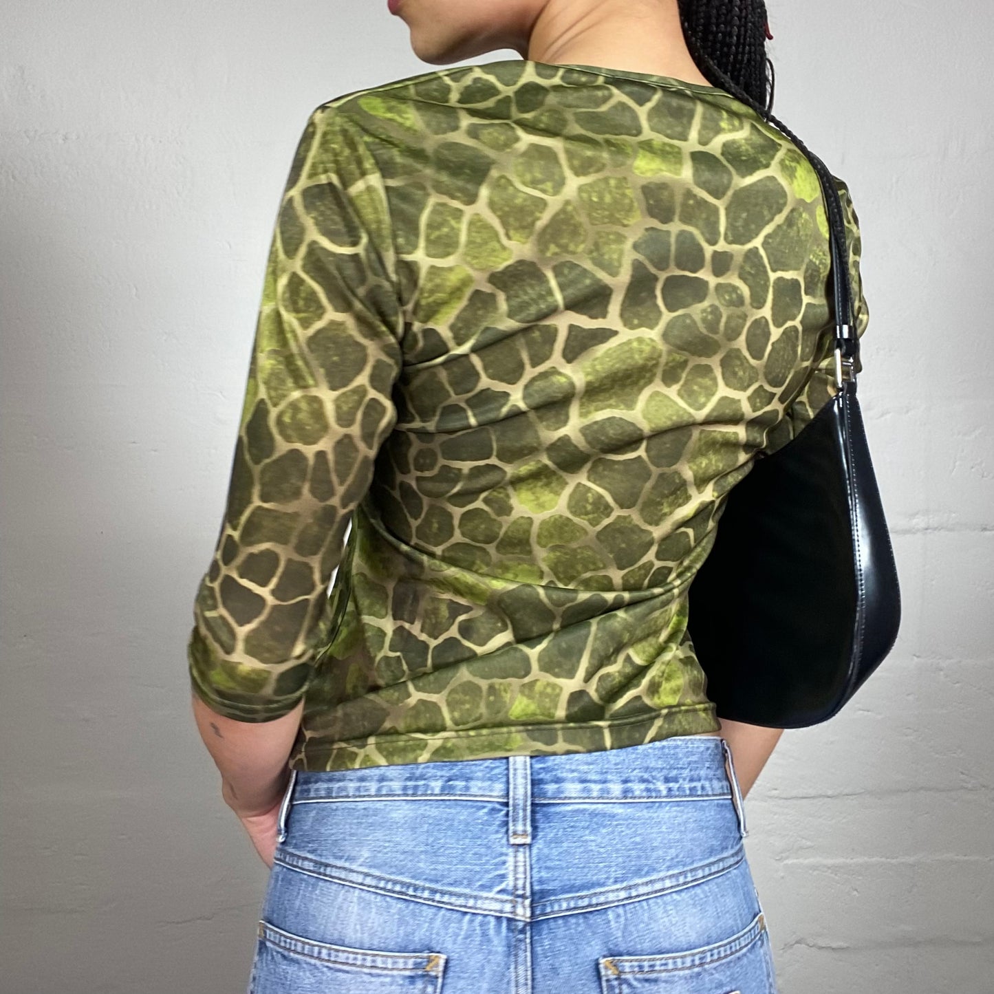 Vintage 2000's Downtown Girl Green 2/4 Sleeve Top with Golden Patches Print (M)