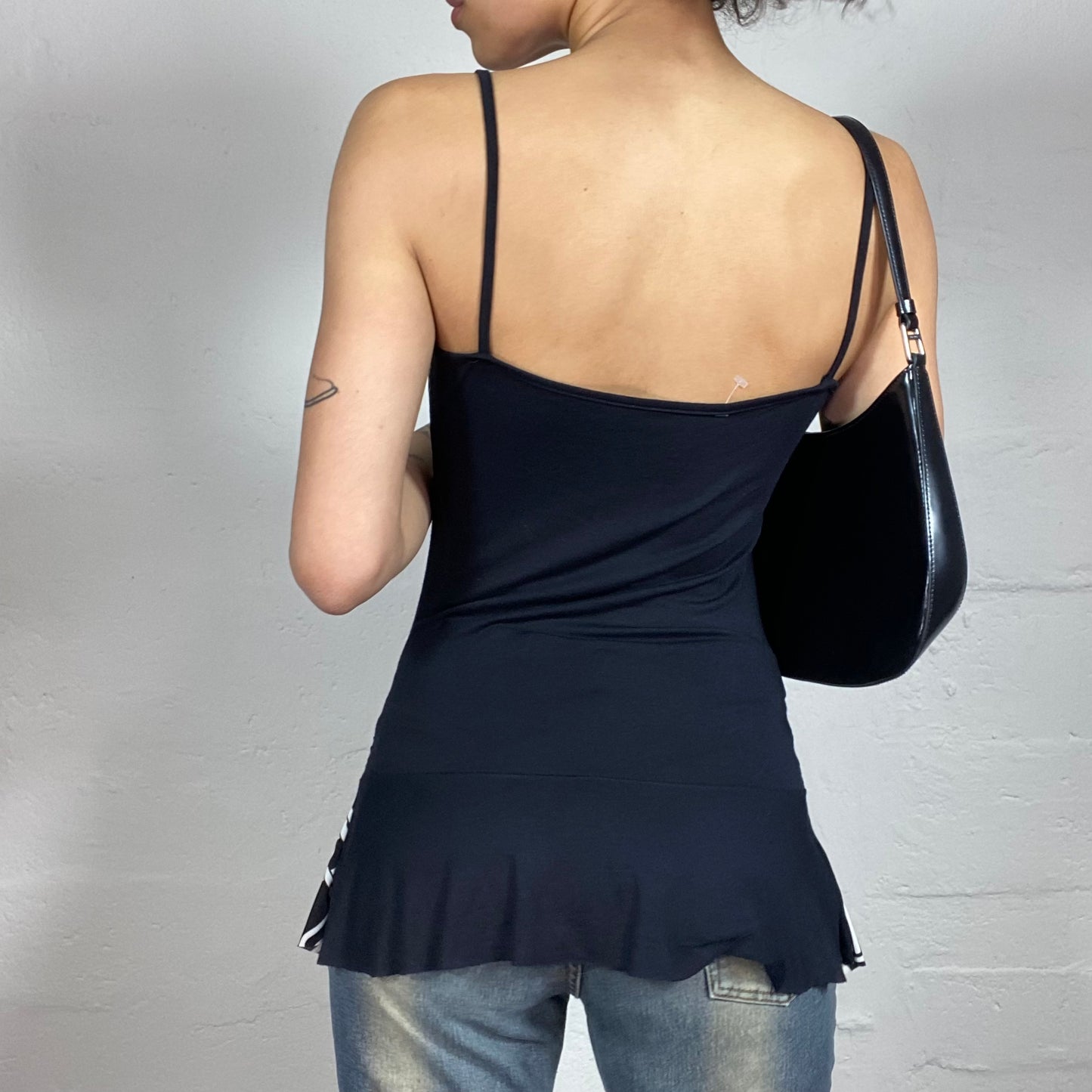 Vintage 2000's Glamorous Black Dress Style Cami Top with White Futuristic Print (S)