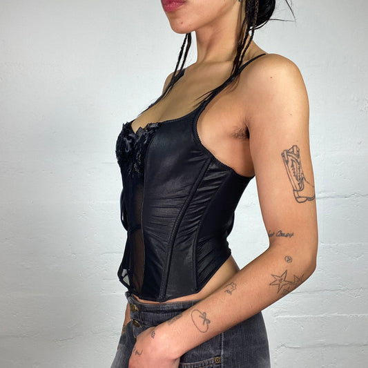 Vintage 2000's Femme Fatale Black Satin and Mesh Corset Top with Sequin and Rhinestones Decorated Bra (S)