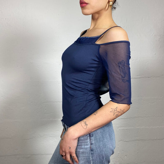 Vintage 2000's Romantic Navy Blue Off Shoulders Mesh Sleeves Half Cami Top (S)