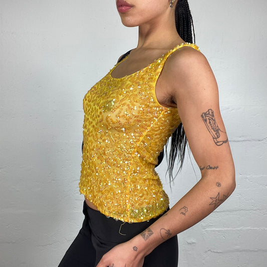 Vintage 2000's Funky Clubwear Yellow Sequin Decorated Tank Top (S)