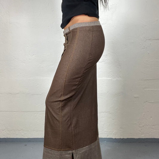 Vintage 2000's Downtown Girl Coffee Brown and Beige Maxi Slim Fit Skirt (S)