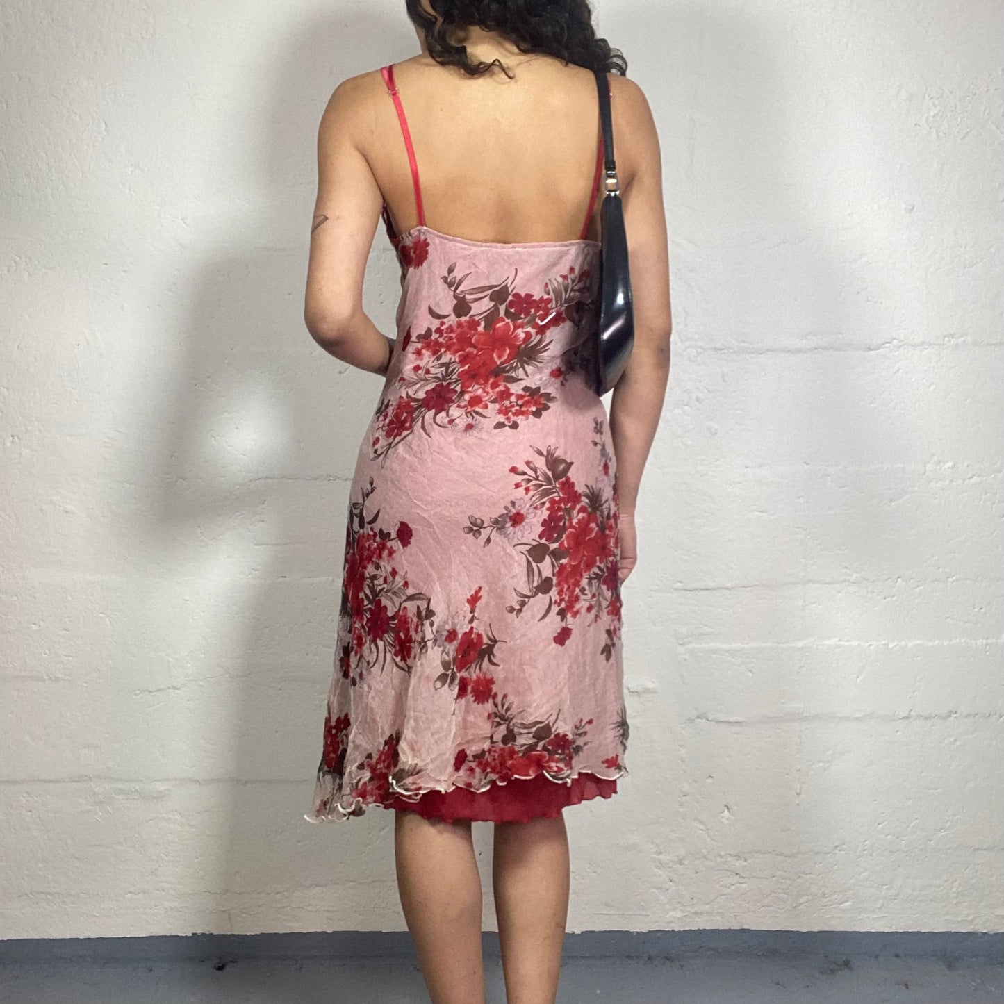 Vintage 2000's Romantic Summer Pink Midi Light Cami Dress with Red Lace Bra Trim and Red Floral Print (S)