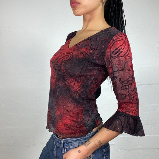 Vintage 2000's Vamp Style Tie-Dye Black and Red Textured 2/4 Sleeve Top (S)