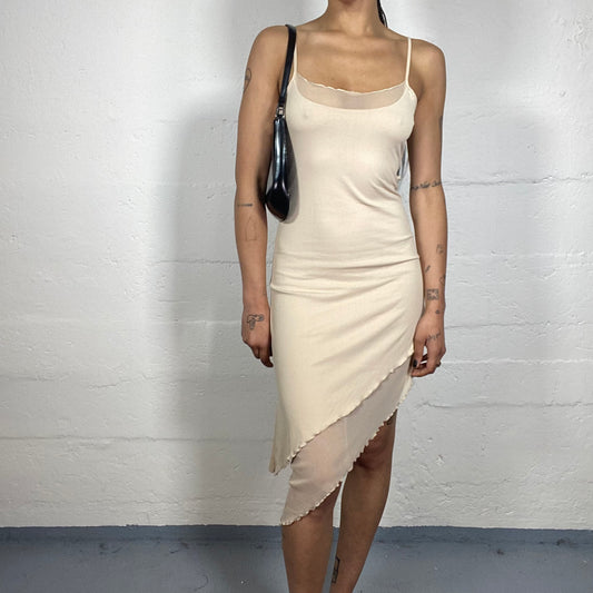 Vintage 2000's Sunny Date Light Beige Asymmetric 2-Layers Cami Dress with Mesh Details (M)