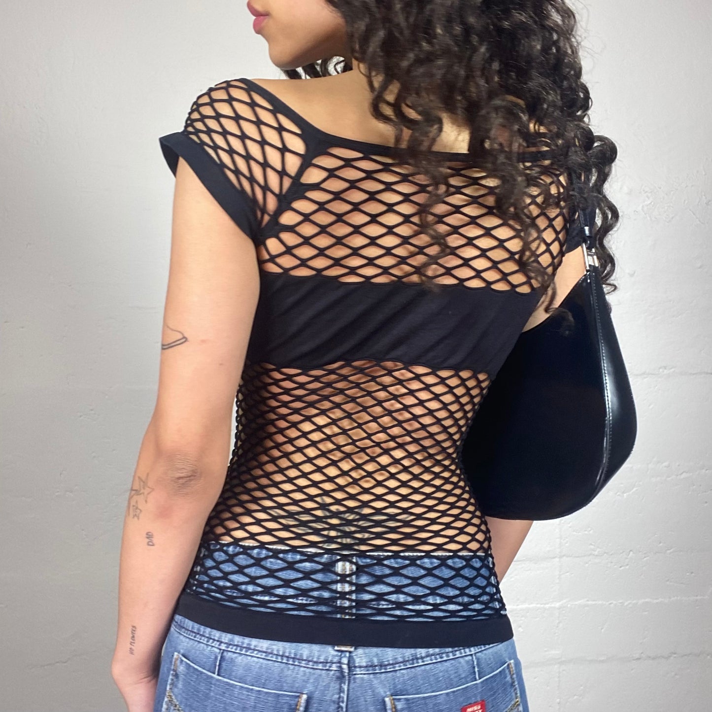 Vintage 2000's Clubwear Mesh Black Fishnet Off Shoulder Top