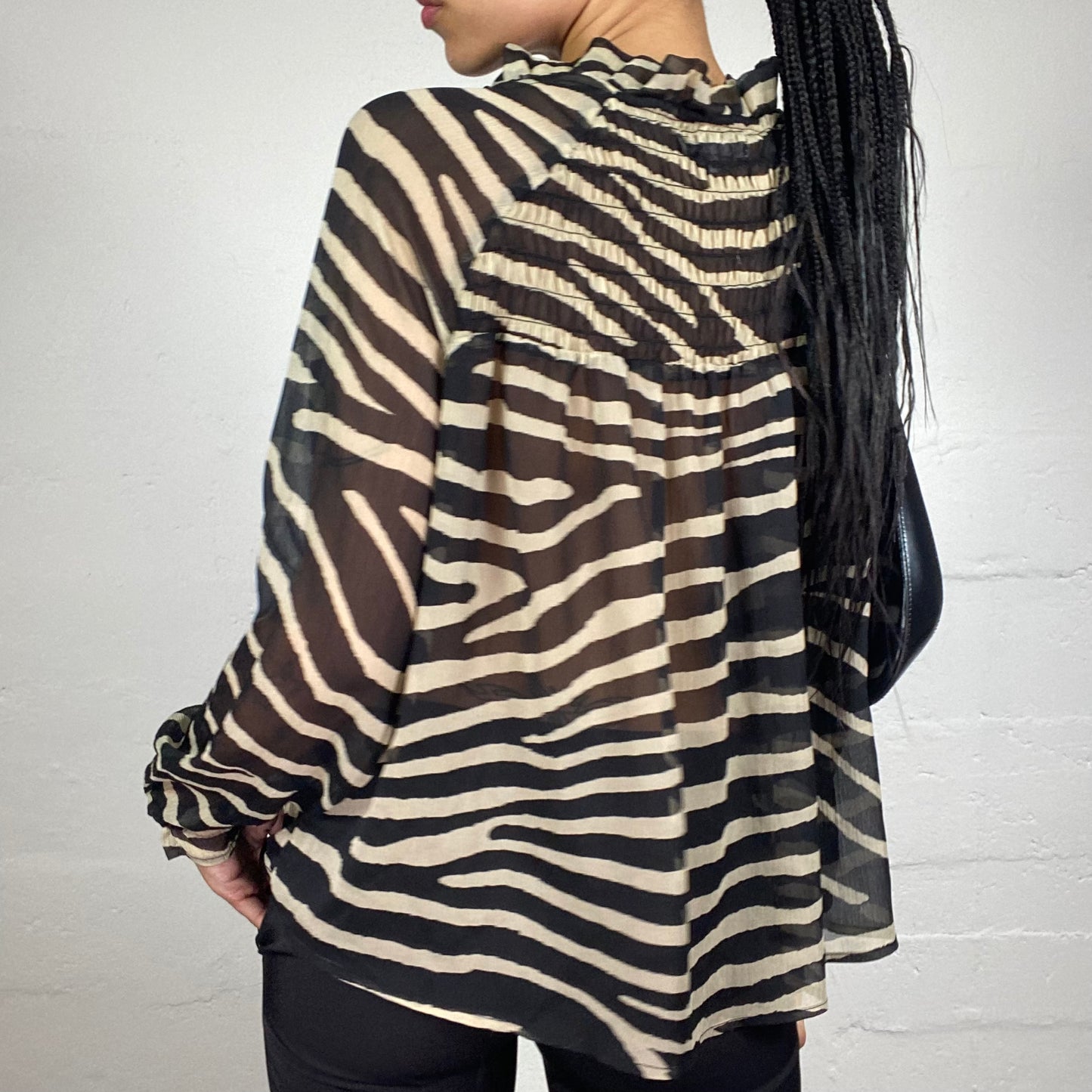 Vintage 2000's Romantic Chiffon Striped Black and Beige Button Up Shirt (M)