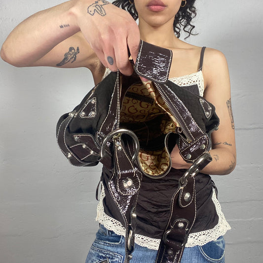 Vintage 2000's Glamorous Guess Brown Glossy Leather and Belts Details Shoulder Bag