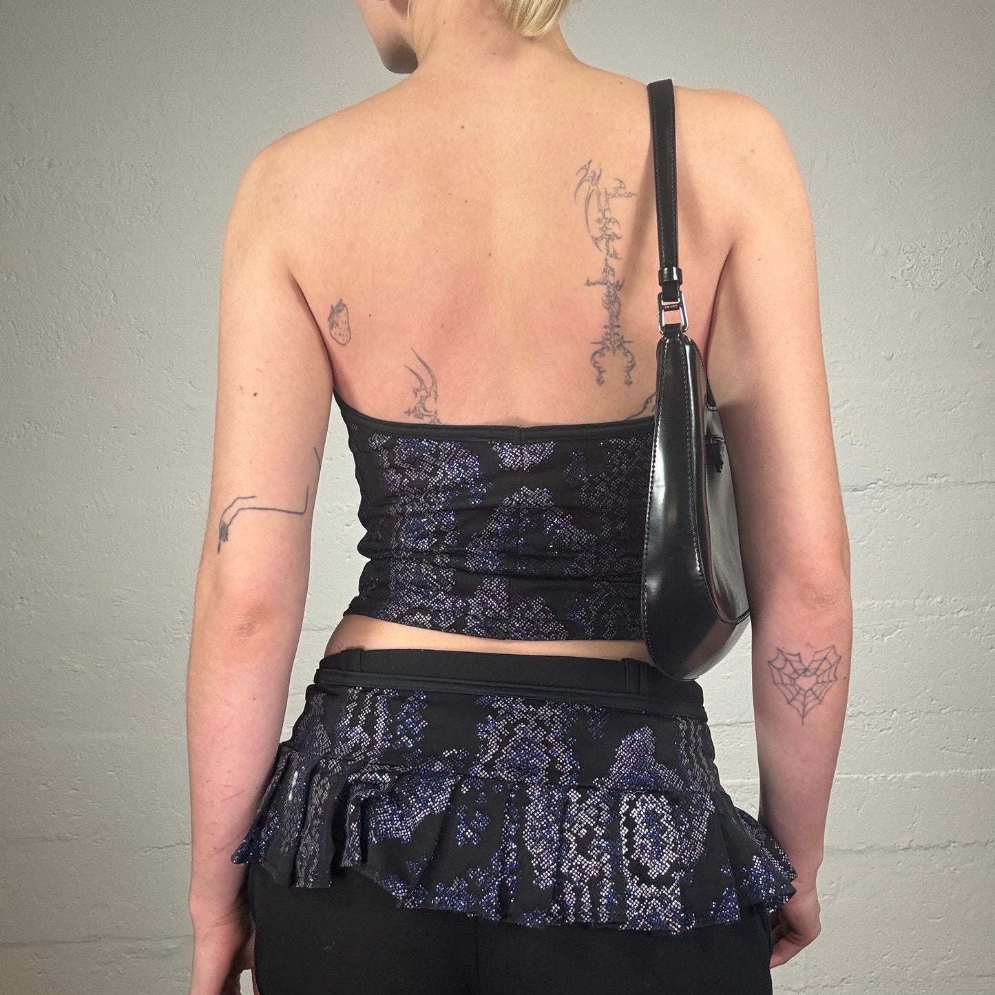 Vintage 2000's Funky Black and Purple Shiny Sequins and Rhinestones Decorated Micro Pleated Skirt and Tube Top Set (M)