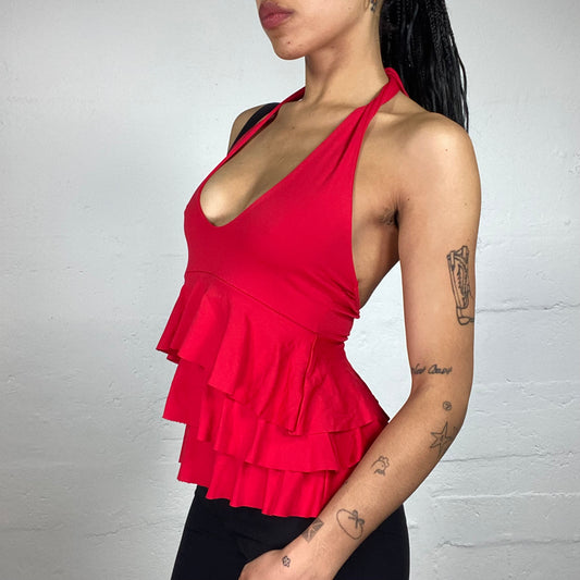 Vintage 2000's Vamp Girl Blood Red Ruffled Layered Neckholder Top (S)