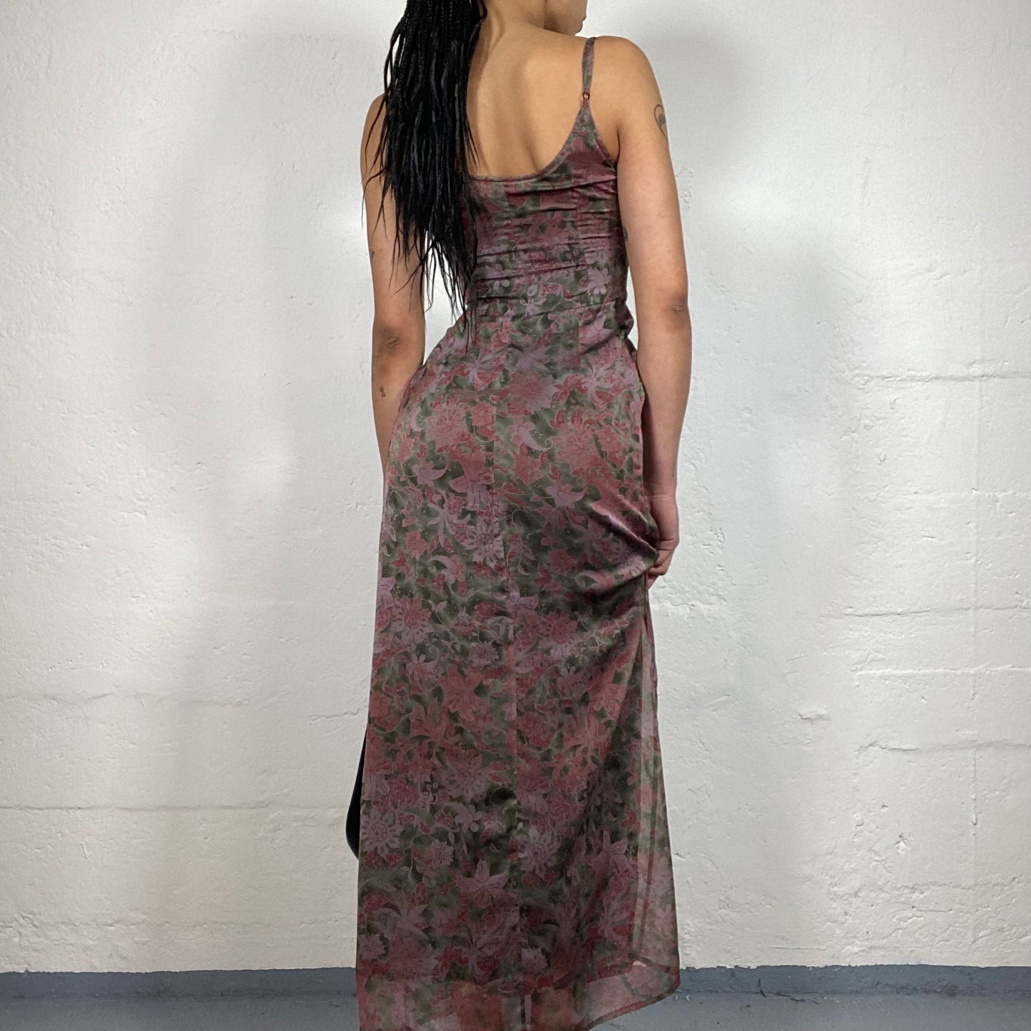 Vintage 2000's Boho Girl Dirty Pink Cami Mesh Maxi Dress with Floral Print (S)