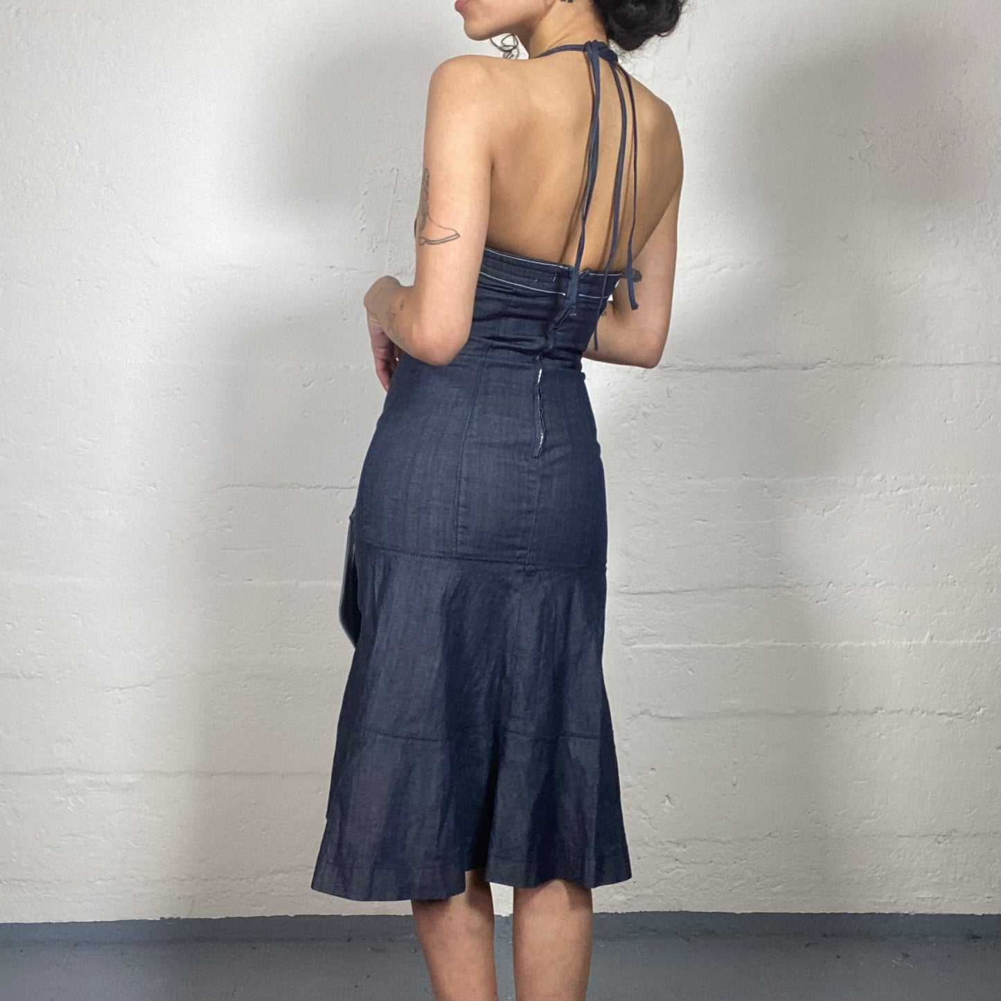 Vintage 2000's Miss Sixty Coffee Date Classy Denim Midi Dress with White Belt Detail (S)