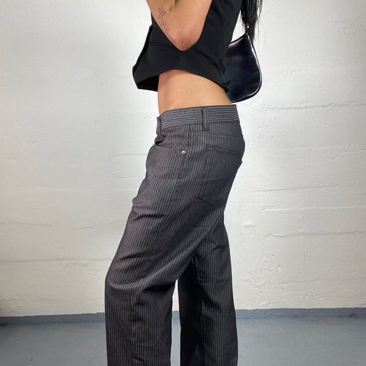 Vintage 2000's Office Girl Striped Dark Grey Baggy Low Waisted Jeans (L)