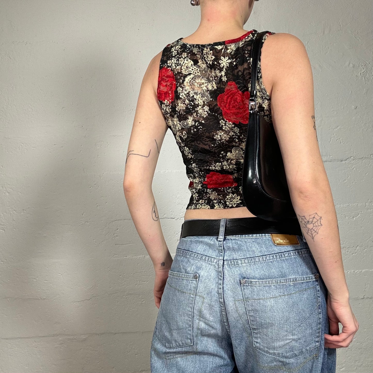 Vintage 2000's Romantic Red V-Neck Lace Top with Rose Print (S/M)