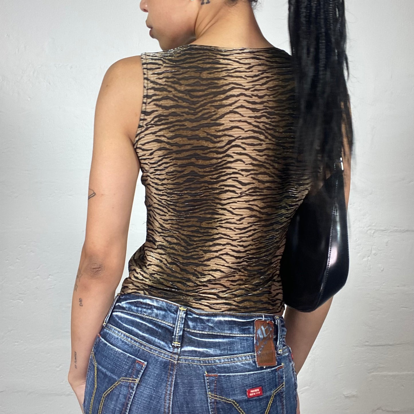 Vintage 2000's Glamorous Brown Toned Animal Print Sheer Shiny Wrapped Bra Top (L)