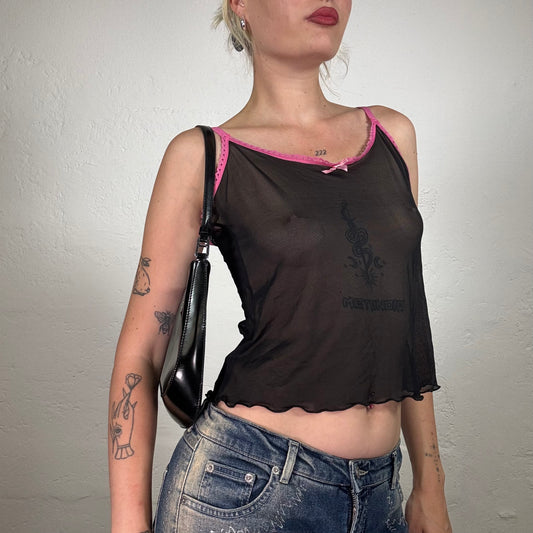 Vintage 2000's Lingerie Black Mesh Cami Top with Hot Pinkt Lace Trim and Ribbon Detail (M)