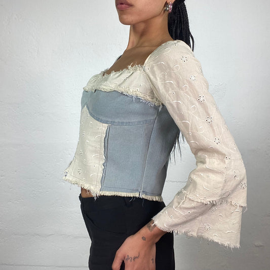 Vintage 2000’s Soft Girl Ivory Linen Floral Textire Shirt with Light Denim Details (M)