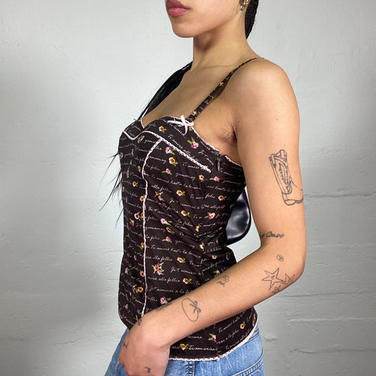 Vintage 2000's Romantic Brown White Typography and Mini Flowers Printed Cami Top (S)