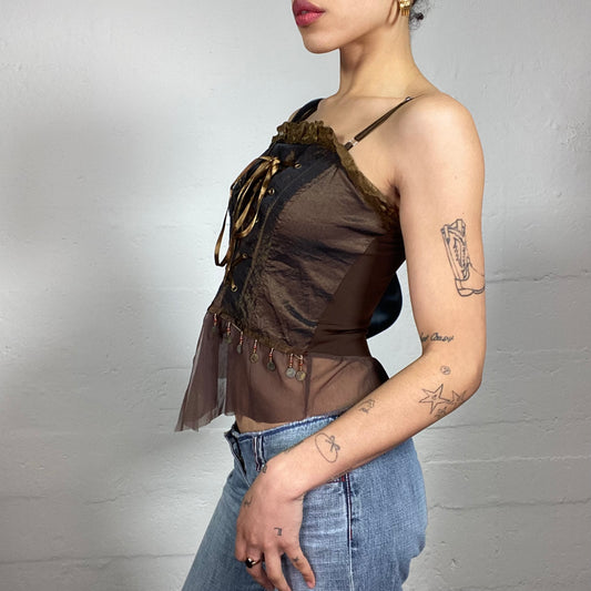 Vintage 2000's Baroque Brown Corset Style Cami Top with Multiple Details (M)