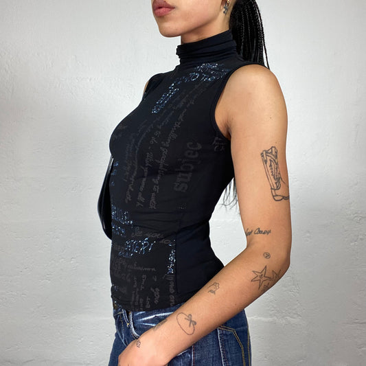Vintage 2000's Downtown Girl Black Turtleneck Tank Top with Shiny Typography Print (M)