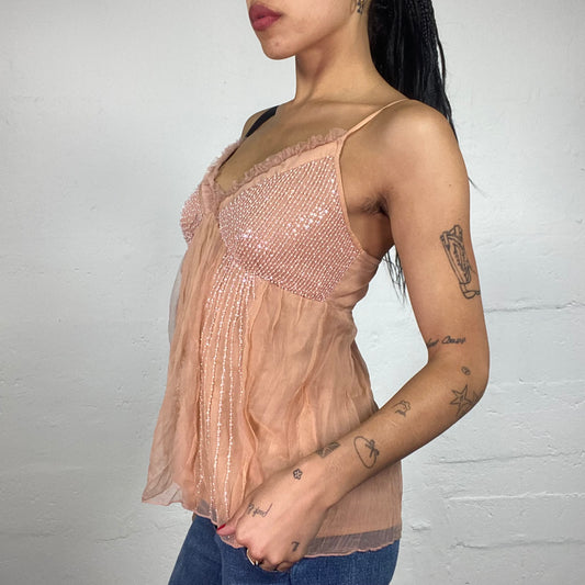 Vintage 2000's Morgan Princess Nude Pink Chiffon Layered Cami Top with Silver Sequin Embroidery (M)