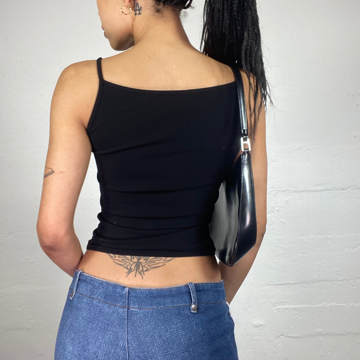 Vintage 2000's Clubwear Black Cropped Cami Draped Neck Top with Glitter Silver Print (S)
