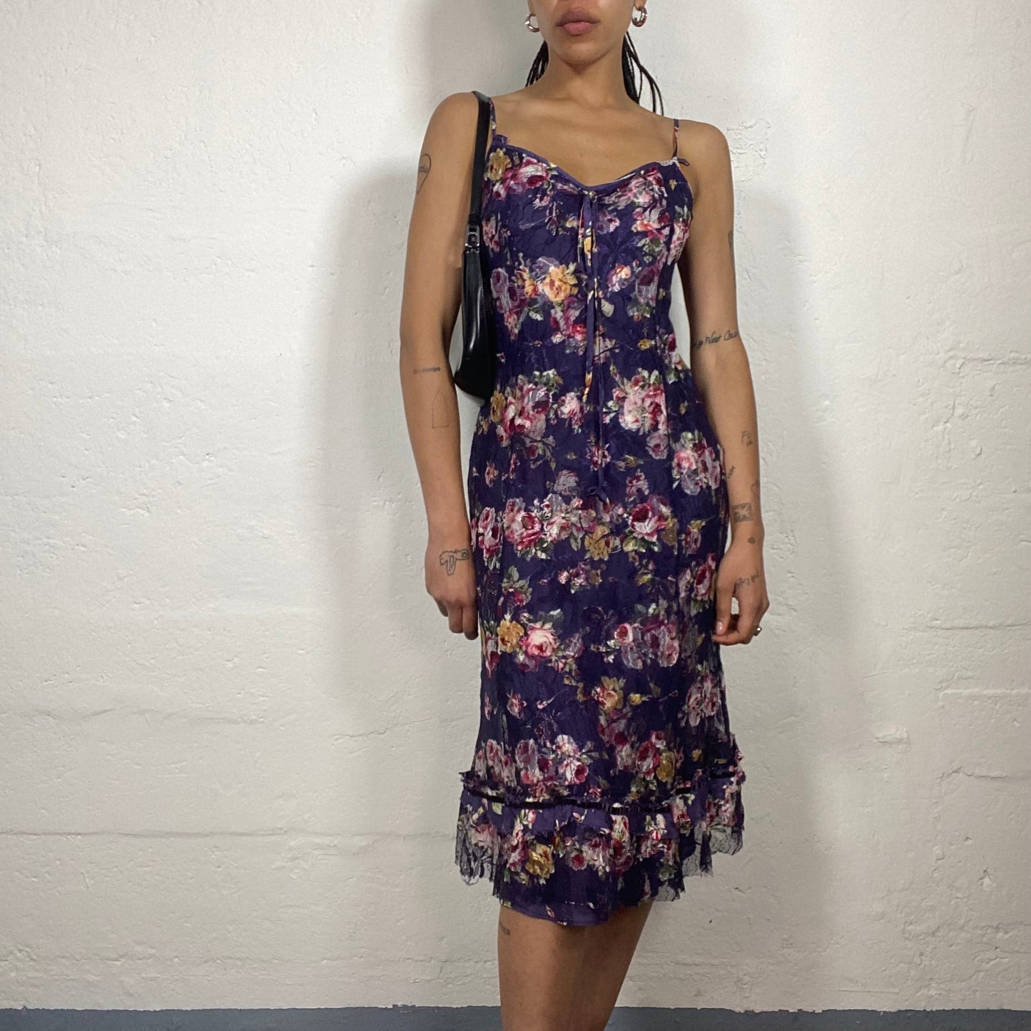 Vintage 2000’s Baroque Summer Purple Lace Midi Dress with Floral Print (M)