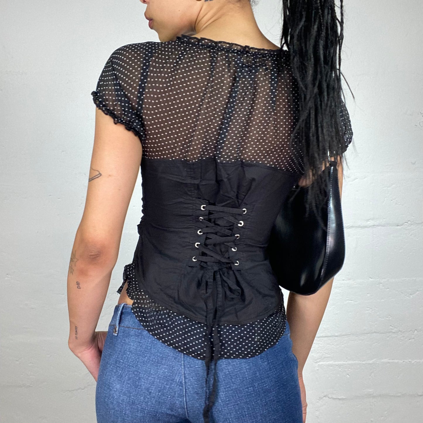 Vintage 2000's Coquette Black Press Button Up Mesh Polka Dot Detailed Top (M)