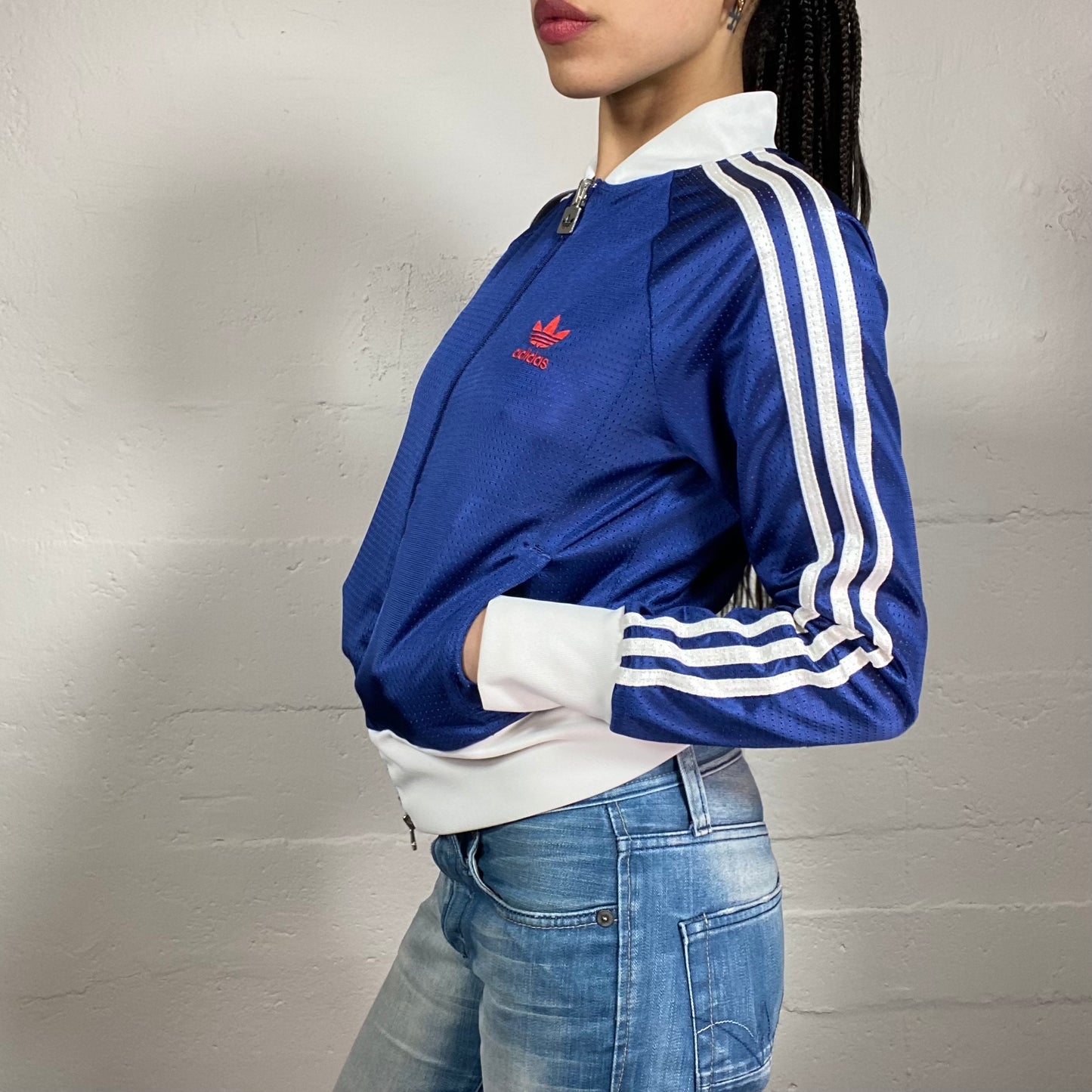 Vintage 2000’s Archive Adidas Sheer Red and Blue Two-Sided Zip Up with White Details and Blue Zipper and Logo (S)