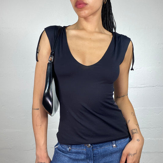 Vintage 2000's Morgan Downtown Girl Black Rubbered Shoulders Tank Top with Mesh Boho Printed Top (S)