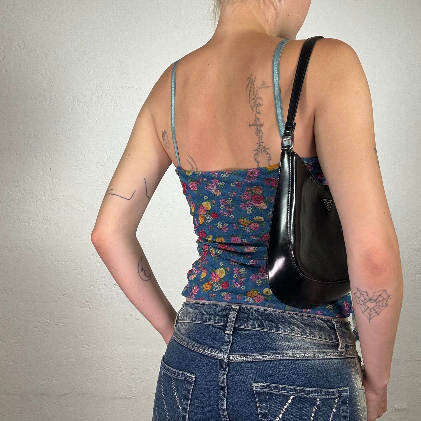 Vintage 2000's Summer Girl Blue Mesh Ruffled Cami Top with Orange and Red Mini Floral Print (S)