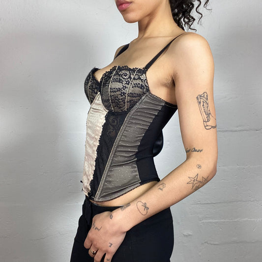 Vintage 2000's Romantic Satin and Lace Beige & Black Corset Top with Lace Decoration (S)