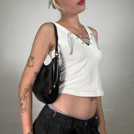 Vintage 2000's Cowgirl Creme White Tank Top with Lace Up Neckline Detail and Logo (XS/S)