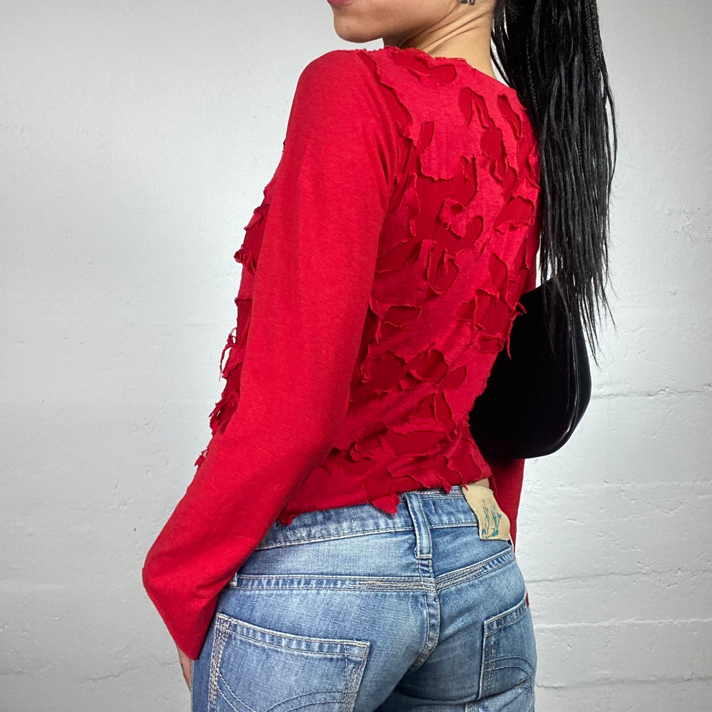 Vintage 2000's Skater Girl Blood Red Longsleeve Top with Ripped Texture Embroidery (M)