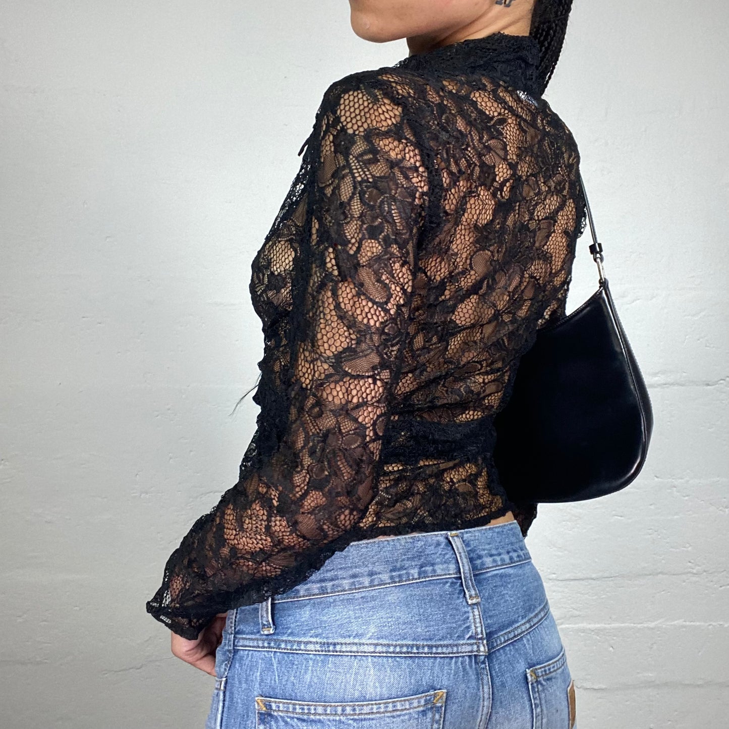 Vintage 2000's Romantic Lace Material See Through Longsleeve Waist Binding Top (S)